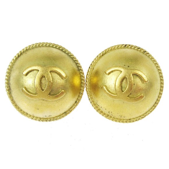 Authentic CHANEL CC Logos Button Motif Earrings Gold-Tone Clip-On - Picture 1 of 4